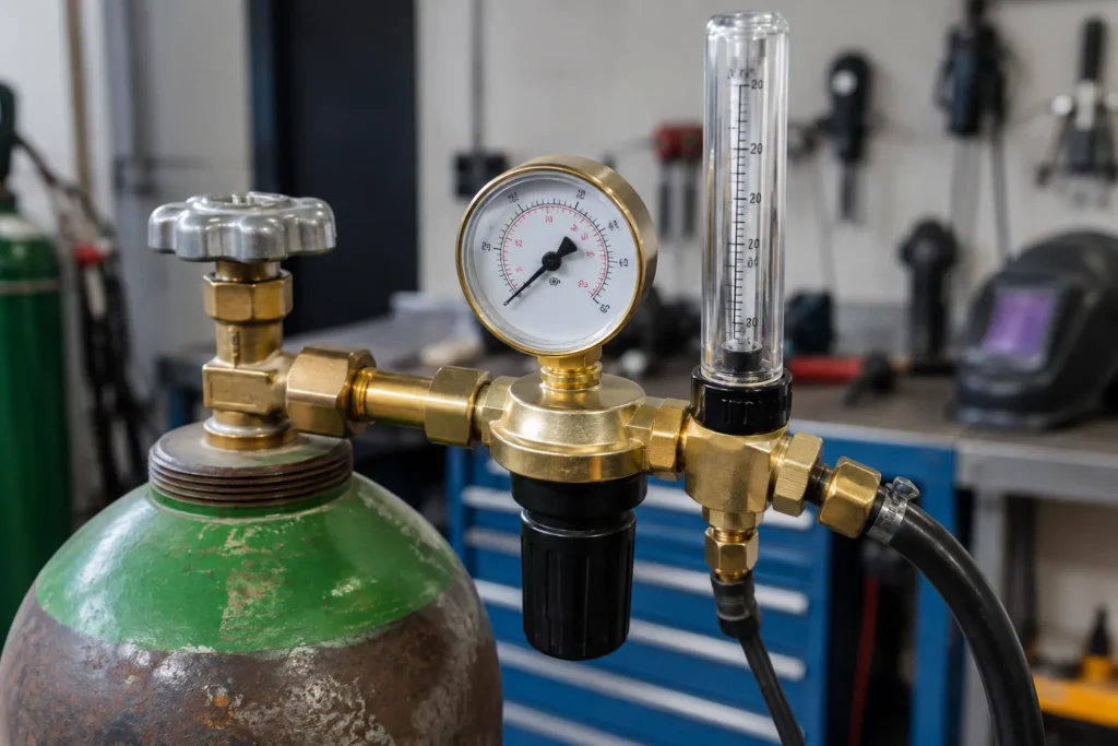 Détendeur avec débitmètre monté sur une bouteille de gaz et relié à un tuyau de soudage.