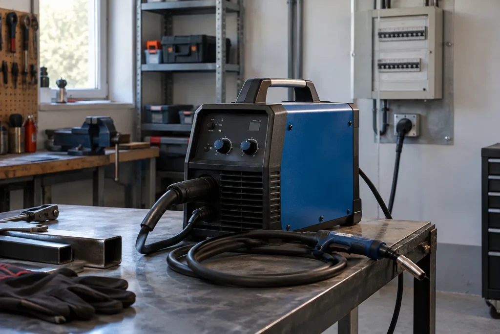 Poste à souder MIG installé dans un atelier, avec un tableau électrique visible derrière lui.