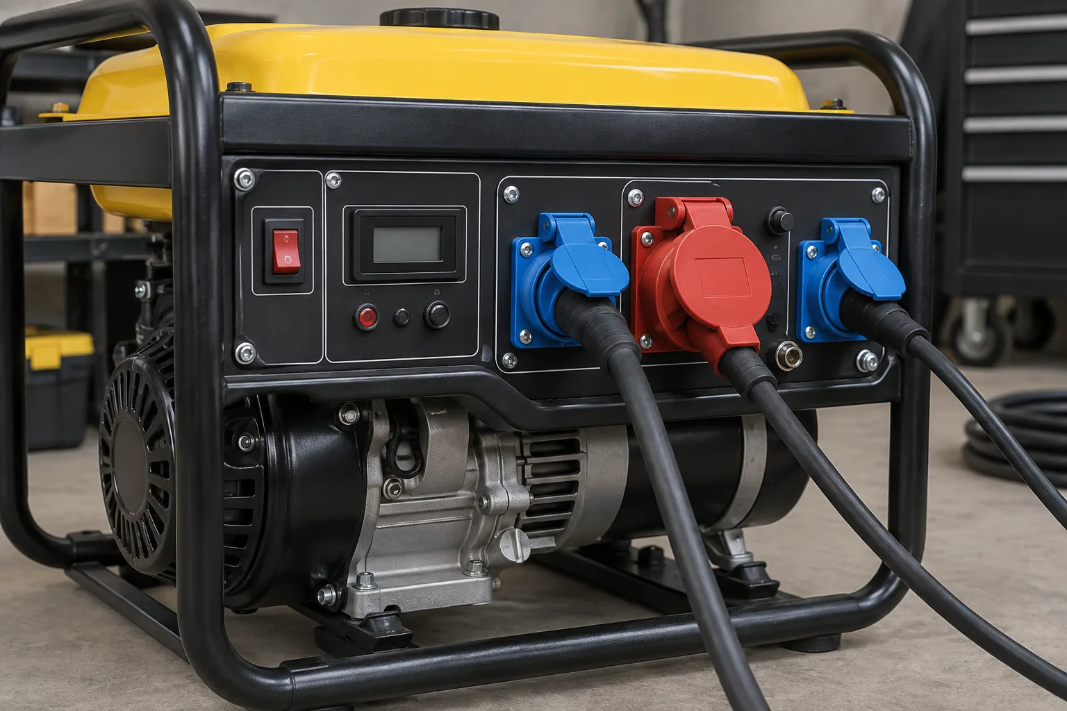Panneau de commande et prises de sortie d’un groupe électrogène.