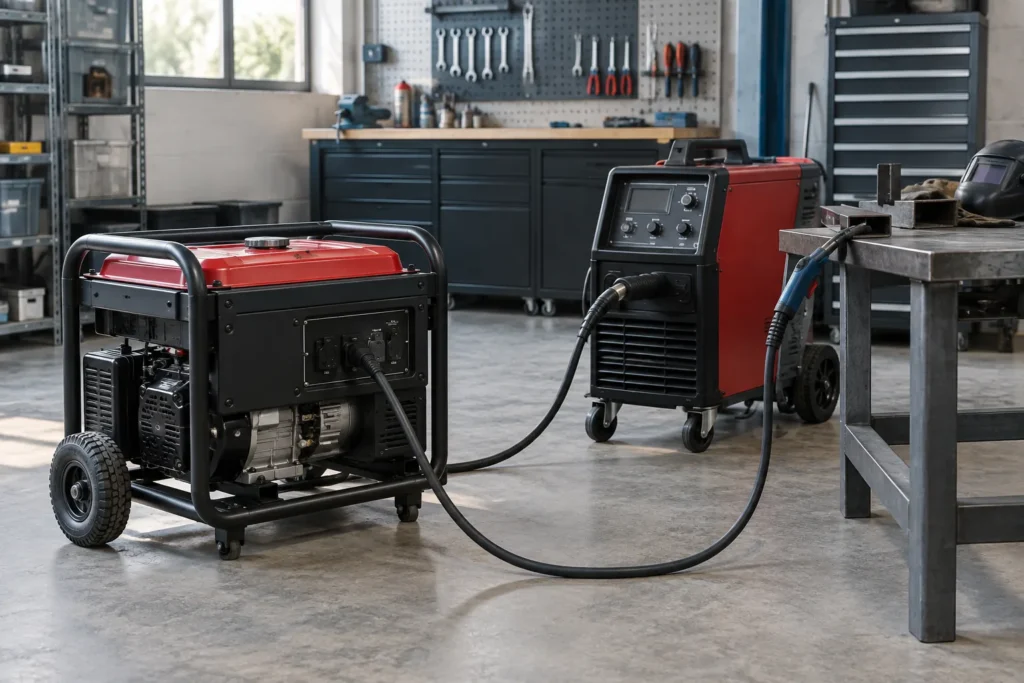 Un groupe électrogène raccordé à un poste de soudage semi-automatique dans un atelier.