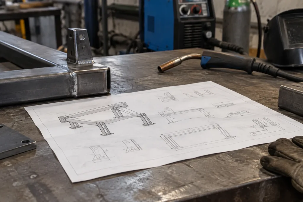 Plan technique montrant des assemblages métalliques et des repères de soudure, posé devant un poste MIG.