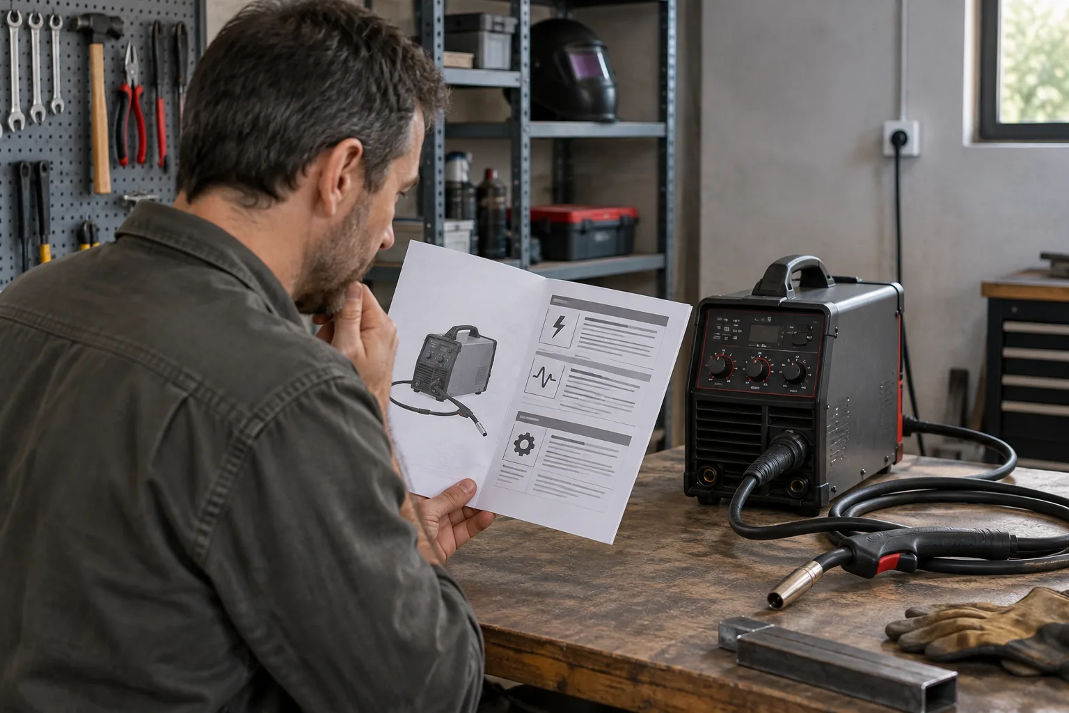 Une personne compare la fiche technique d’un poste à souder avec l’installation électrique visible dans l’atelier.