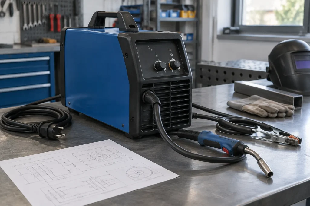 Poste à souder semi-automatique et câble d’alimentation posés près d’une fiche technique.