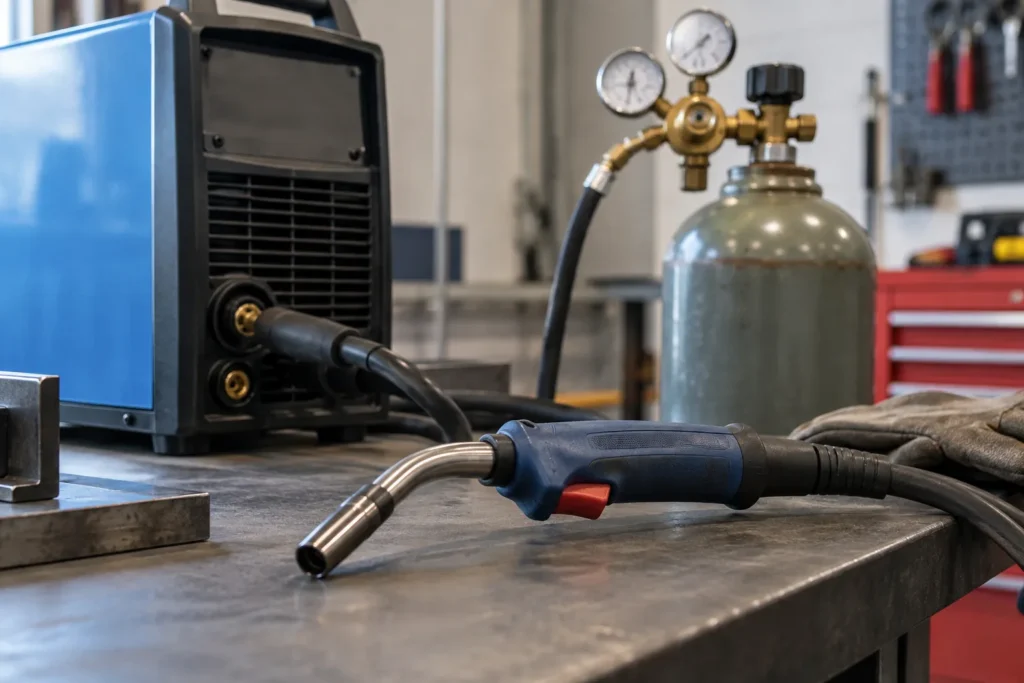 Torche de soudage semi-automatique reliée par un tuyau à un détendeur de gaz, posée à côté d’un poste à souder.