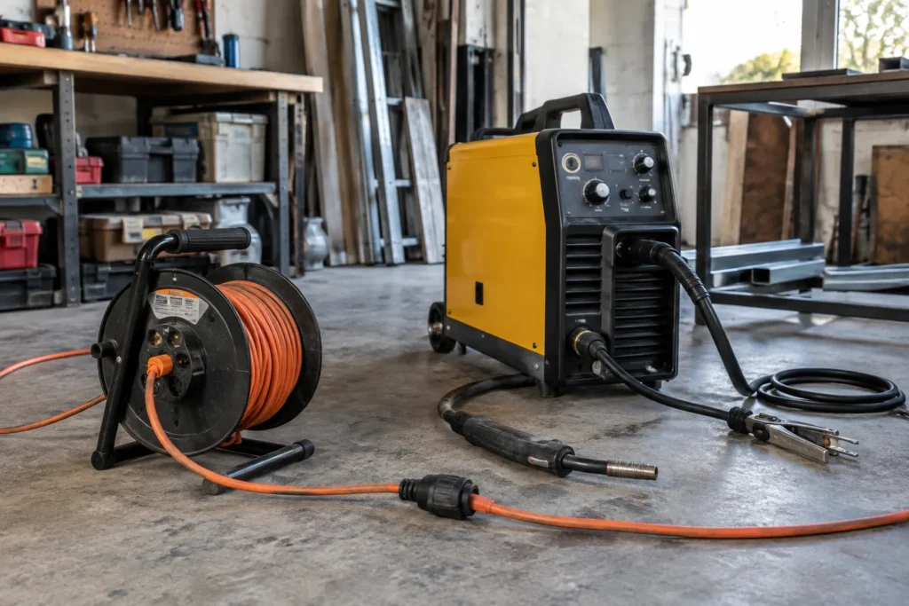 Poste à souder MIG dans un atelier, avec une rallonge électrique enroulée et une partie du câble déroulée au sol.