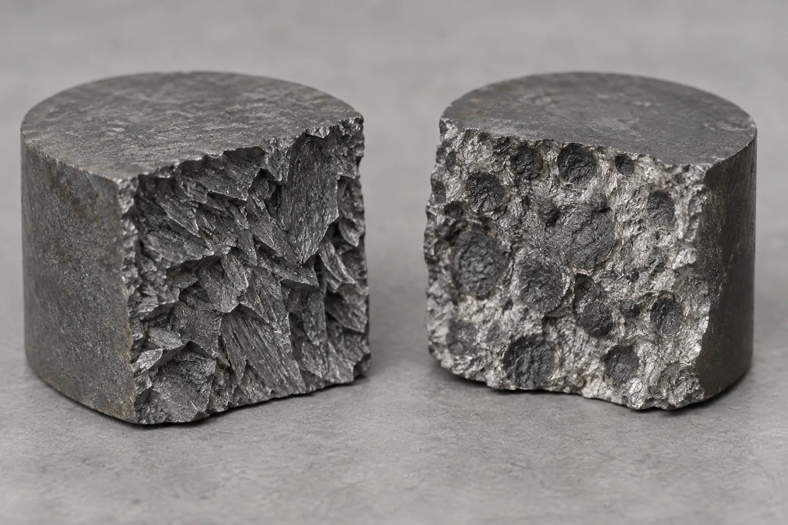 Deux échantillons de fonte présentant des structures de fracture différentes.