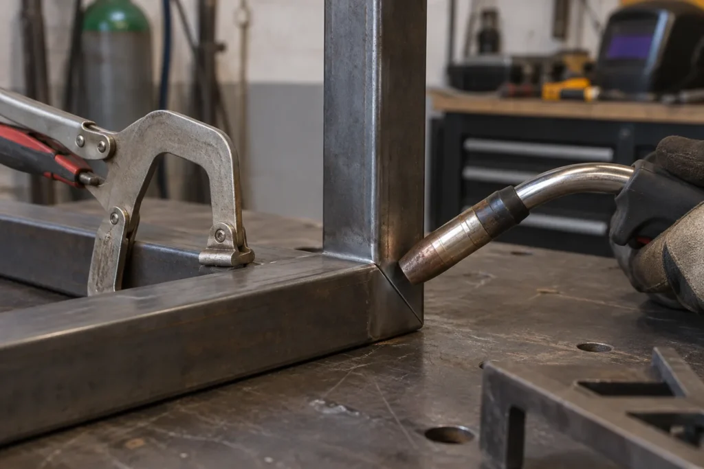 Une torche MIG est placée près du joint entre deux tubes d’acier carrés maintenus sur un établi.