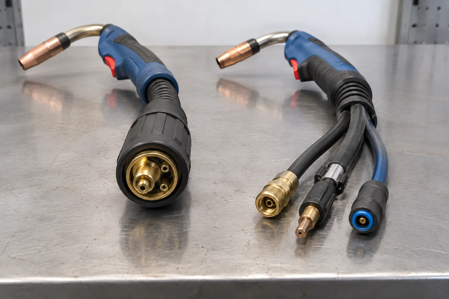 Deux types de raccordements de torche MIG présentés côte à côte, avec un connecteur central et des liaisons séparées.