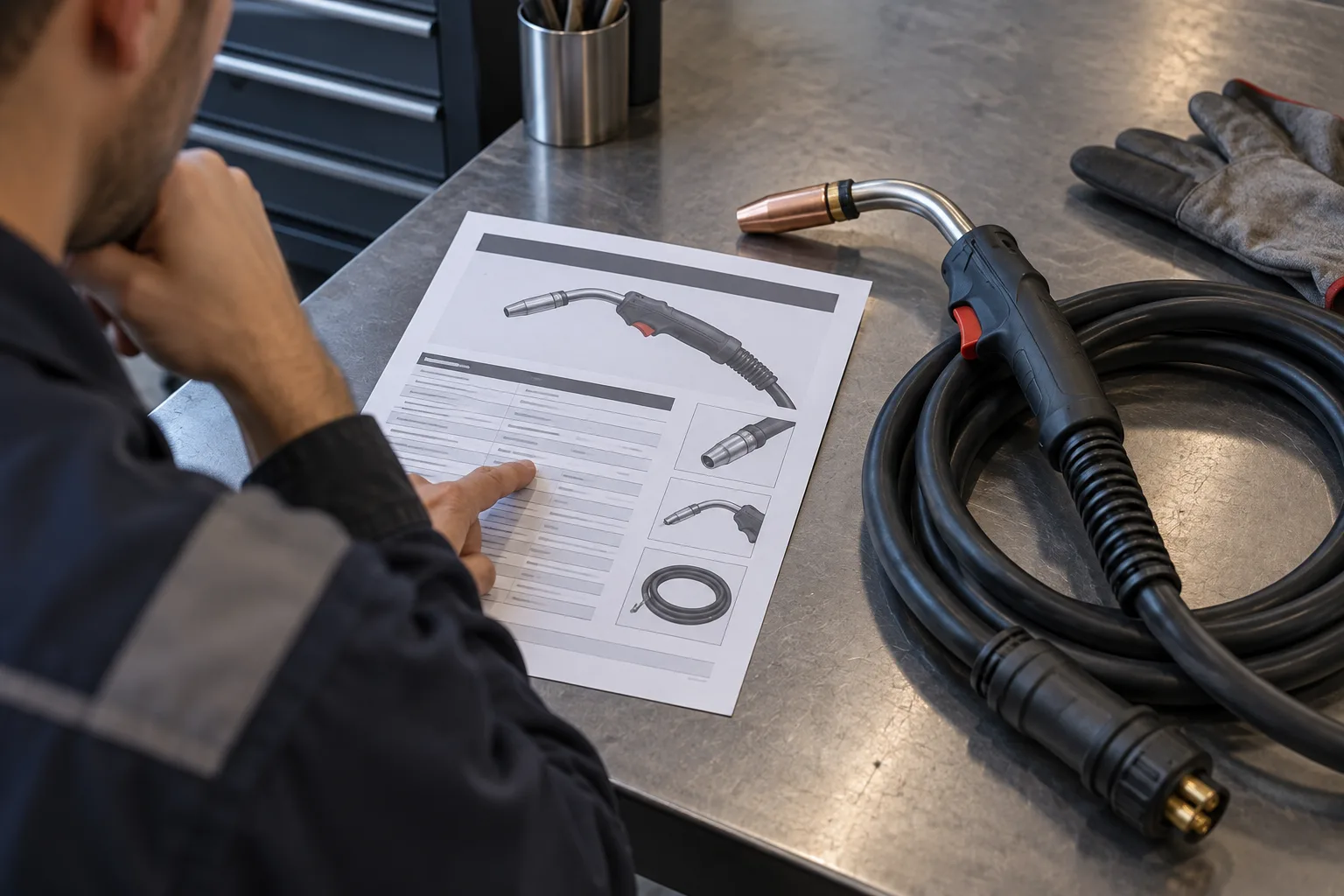 Une torche MIG posée près d’une fiche technique consultée pour comparer ses caractéristiques.