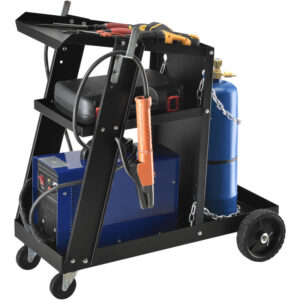 Chariot de soudage PRO.TEC noir avec trois plateaux et emplacement bouteille