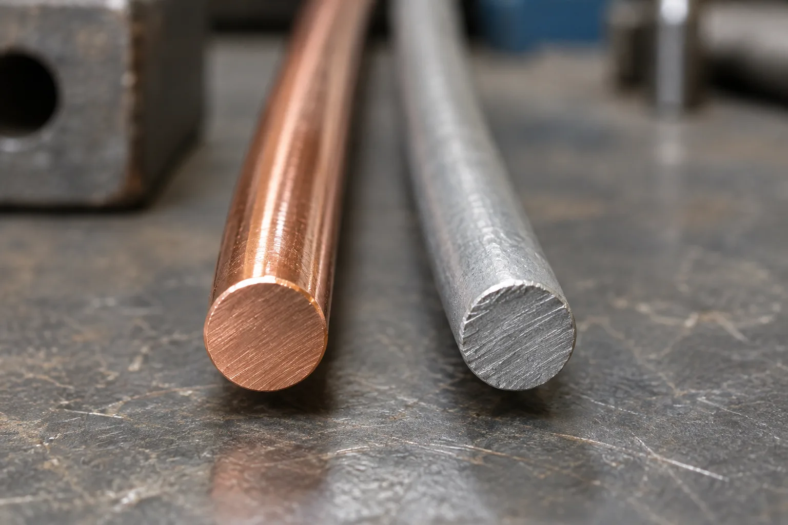 Gros plan sur un fil de soudage à surface cuivrée et un fil à surface grise mate.