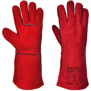 Gant soudeur Portwest rouge en cuir croûte avec doublure en coton