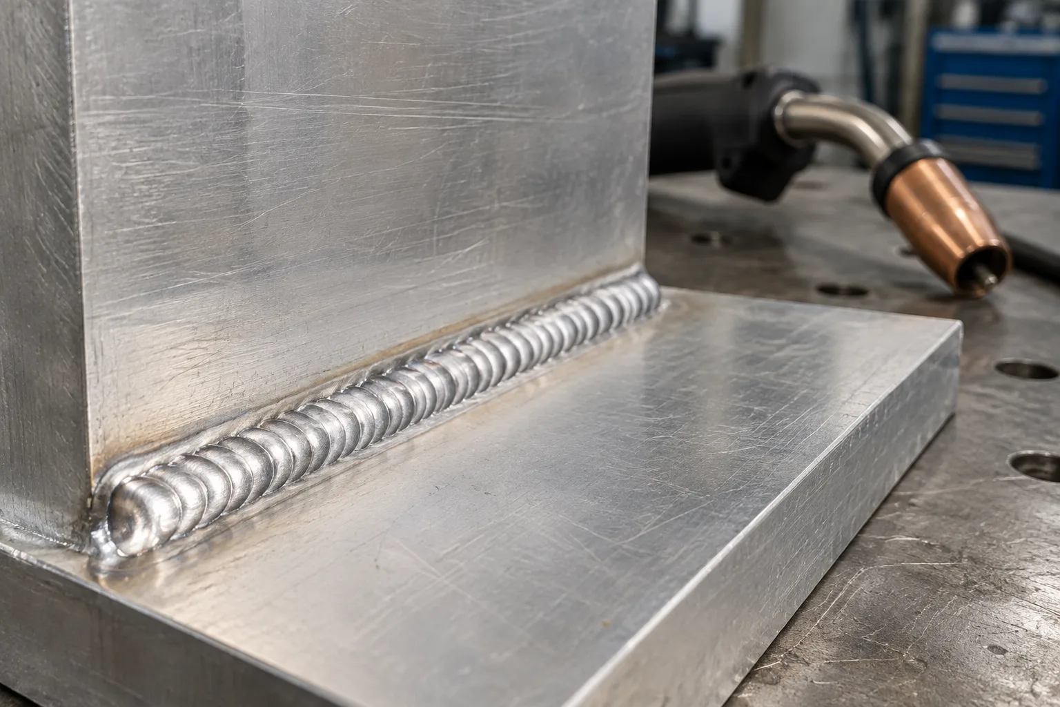 Cordon de soudure ondulé sur une pièce d’aluminium, avec une torche MIG en arrière-plan.
