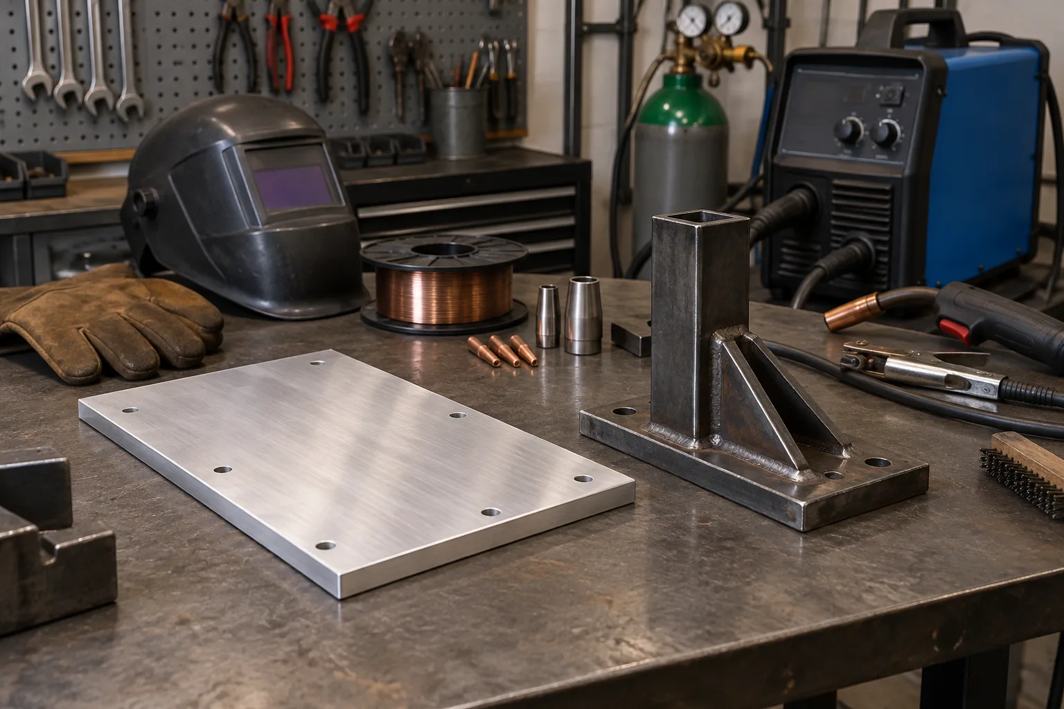 Plaque d’aluminium et assemblage en acier disposés près d’un poste MIG et de ses accessoires.
