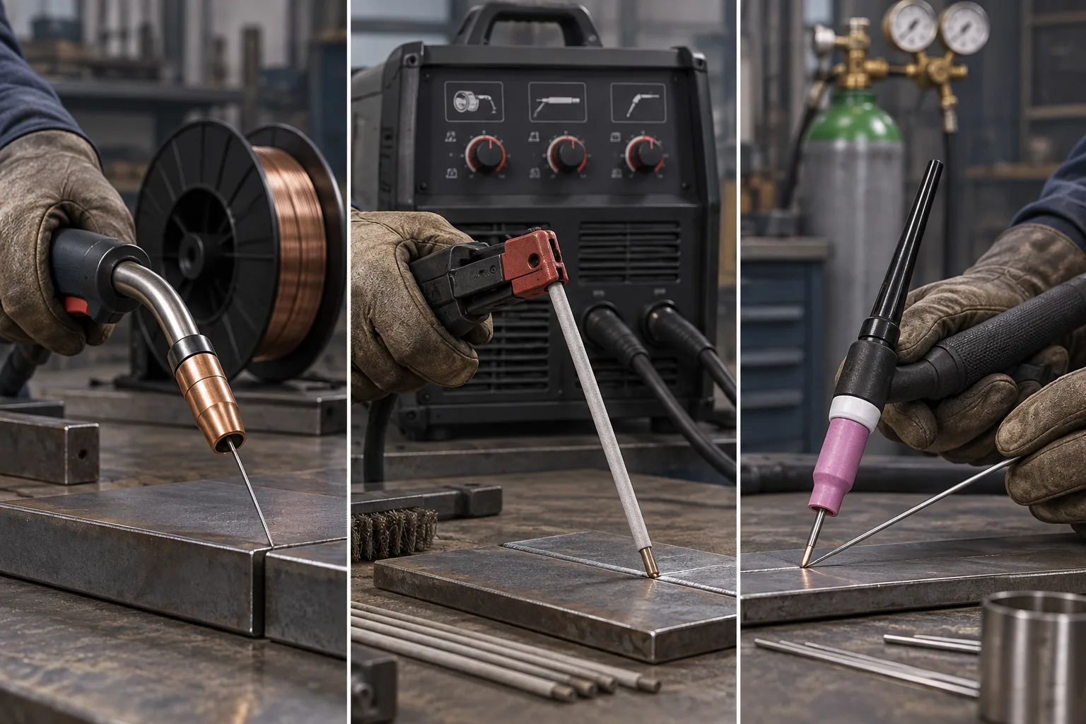 Torche MIG, porte-électrode MMA et torche TIG présentés séparément sur un établi.