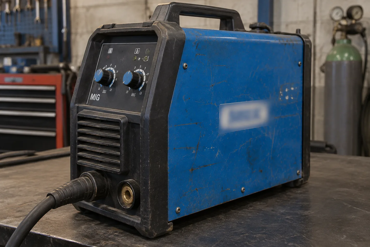 Détail du boîtier d’un poste MIG d’occasion avec son étiquette de modèle et des marques d’usage.