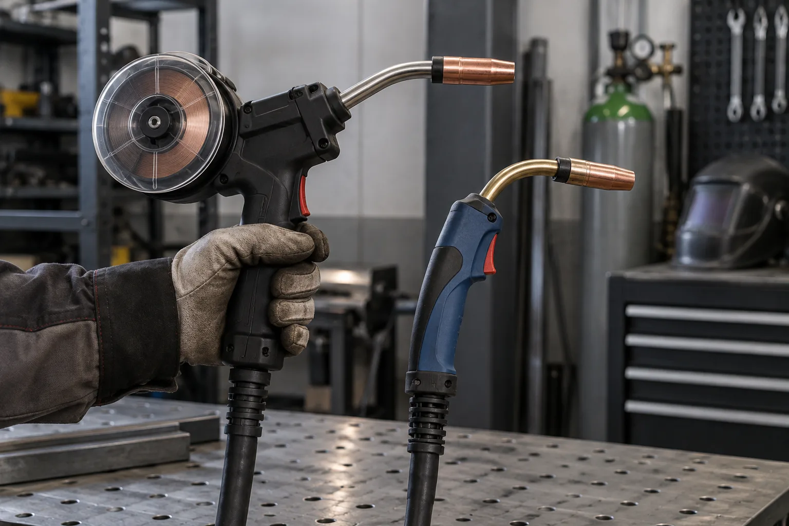 Une torche spool gun avec bobine intégrée est comparée à une torche MIG classique.