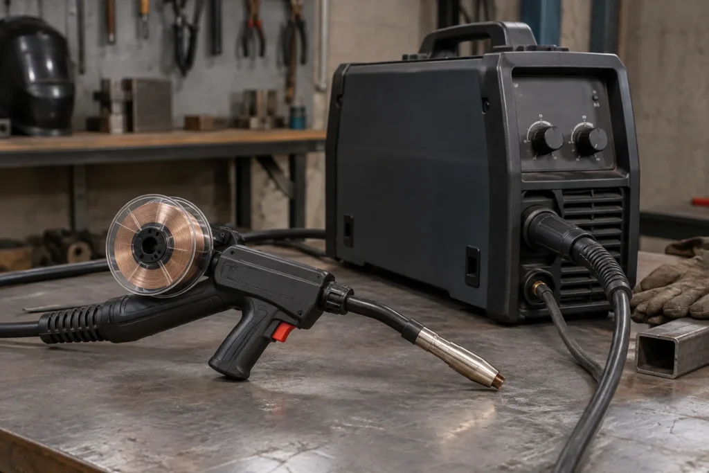 Un spool gun MIG avec sa bobine de fil intégrée est posé près d’un poste à souder.