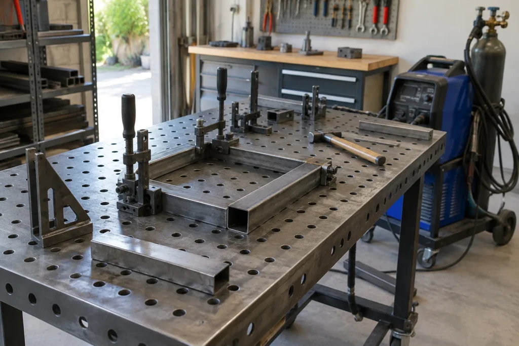 Table métallique percée avec des brides et des pièces d’acier dans un atelier de soudage.