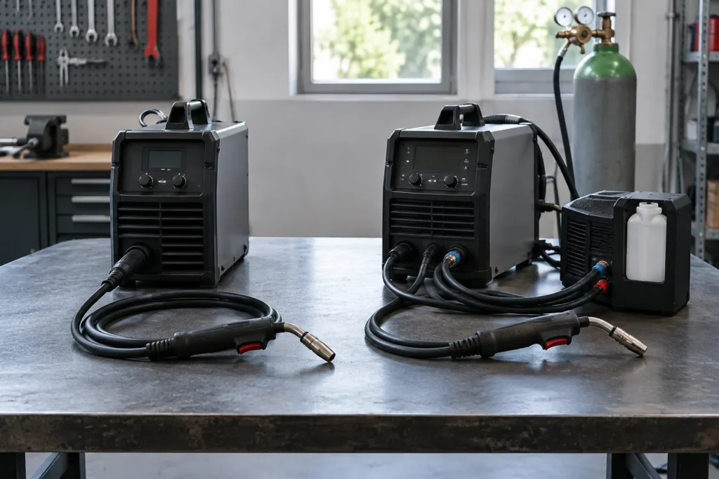 Deux torches de soudage semi-automatique, dont l’une est reliée à une unité de refroidissement par liquide.